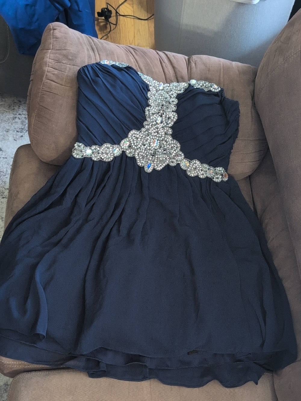 Teen Girls Juniors Navy Chiffon Party Dress with Crystal Embellishment
